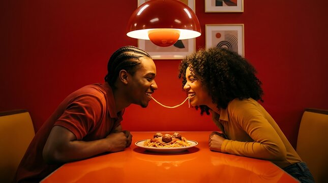 Couple eating pasta together. Romantic partners sharing spaghetti on a dinner date.