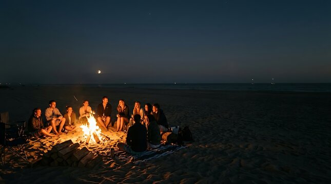 Friends sitting around a campfire on a sandy beach at night