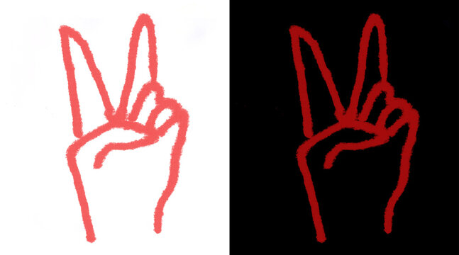 Hand-drawn peace sign illustration, red victory gesture line art, minimalist finger symbol on white and black backgrounds