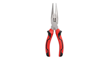Red and black long nose pliers with metal jaws on white png isolated on transparent background