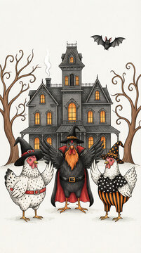 Three Chickens in Halloween Costumes in Front of Haunted House Illustration