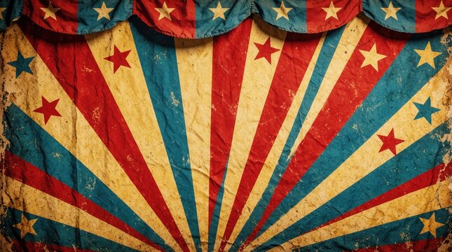 Vintage circus tent backdrop features red yellow, blue striped fabric with stars. Aged texture creates retro feel for classic carnival stage design. Weathered material offers rustic aesthetic for