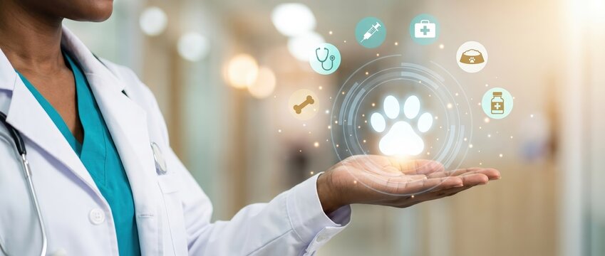 Female veterinarian in a white coat holds hand out with digital pet care icons floating above in a veterinary clinic corridor with soft lighting and blurred background