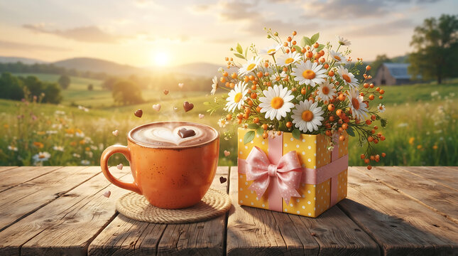 Coffee Cup with Latte Art and Gift Box on Wooden Table in Sunny Field