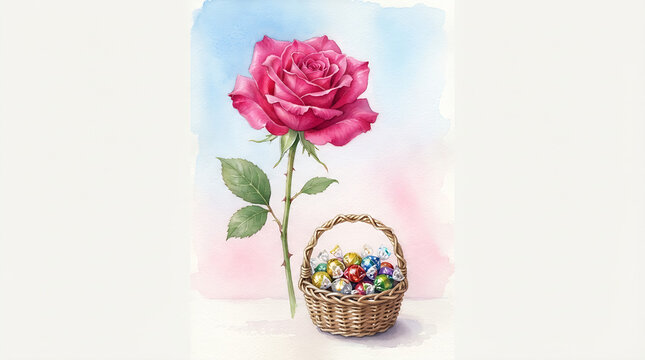 Pink Rose and Basket of Candies Watercolor Illustration