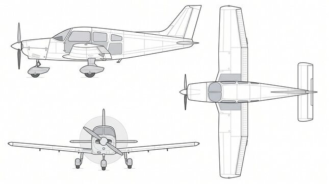 Single-Engine Light Aircraft Technical Drawing Orthographic Views