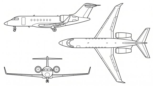 Private Jet Aircraft Schematic Blueprint in Side Top and Front Views Line Art Illustration