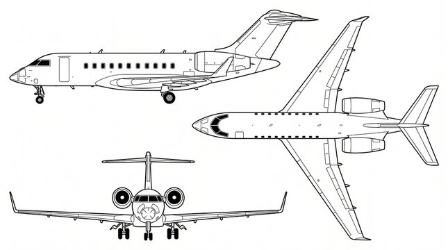 Private Jet Orthographic Blueprint Technical Drawing Vector Illustration
