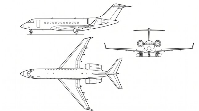 Private Business Jet Orthographic Projection Technical Line Art Drawing