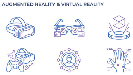 Augmented and virtual reality technology line art icons with augmented technology metaverse interface hologram immersive simulation © Vector Nila