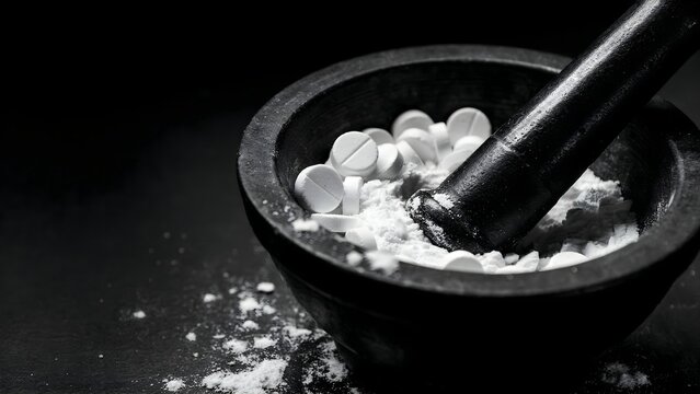 Mortar and pestle with white pills and powder for medicine preparation