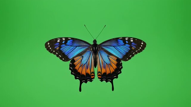 Blue Morpho Butterfly fluttering wings in slow motion against a vibrant green background with subtle lighting
