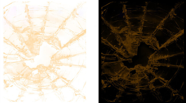 Shattered glass texture with radial cracks, broken window pane effect on white and black backgrounds, golden amber cracked glass shards
