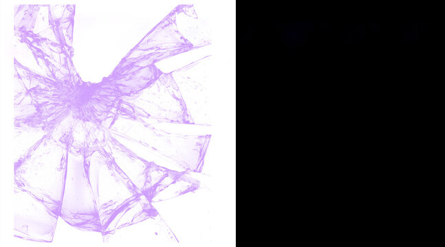Abstract purple shattered glass texture, broken window shards on white background, cracked glass fragments for creative overlay and design