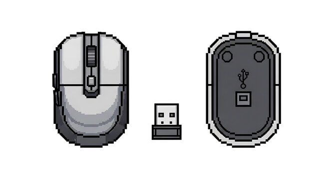 Pixel art illustration of a computer mouse with top, bottom, and wireless receiver views