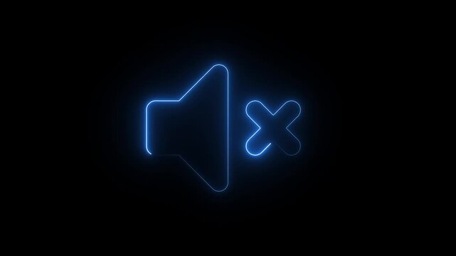 Glowing neon mute symbol animation on black background, for digital interface, sound audio volume speaker
