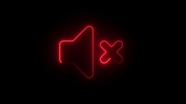 Glowing red neon mute symbol pulsing on black background, digital audio off sign sound volume