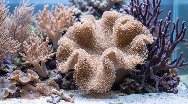 Beautiful soft coral growing in a vibrant tropical marine saltwater aquarium reef tank.