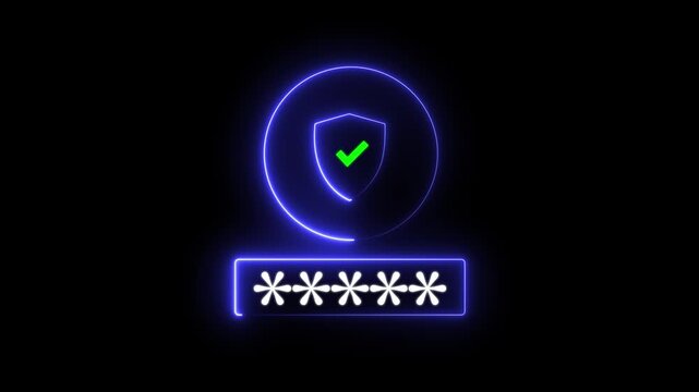 Outline neon password check icon set. Glowing neon password input with shield sign, safe login in user account. shield protection, secure access, user profile motion grapic 4k loop..