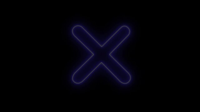 Glowing neon blue cross mark icon with vibrant light effects, symbolizing error, cancel, wrong, or close actions. motion graphic 4k loop..