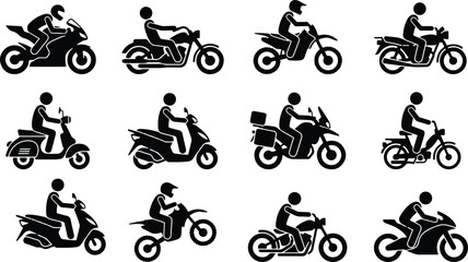 Naklejka premium A collection of black silhouette icons representing various types of motorcycles and riders isolated on a plain white background for design