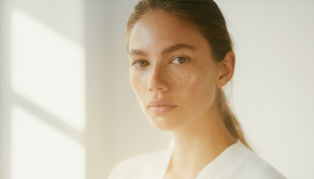 Young woman with freckles looking at camera in soft natural light