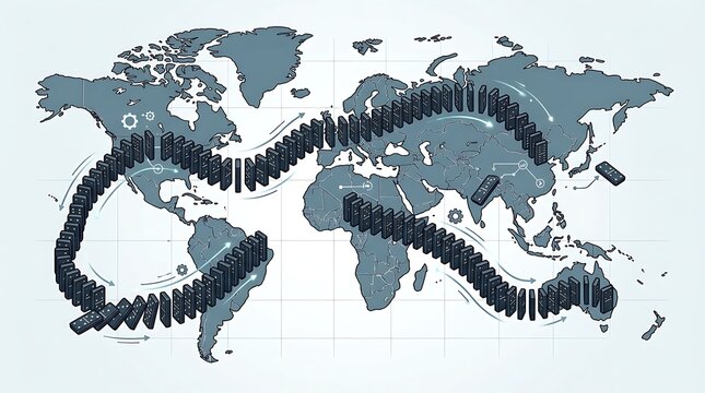 Global domino effect representing chain reaction across world map