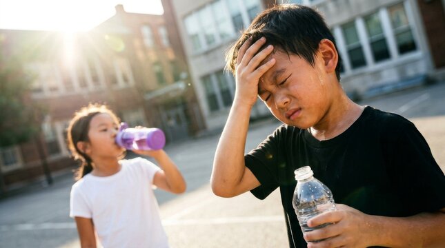 Two children feeling exhausted and thirsty on a hot sunny day.