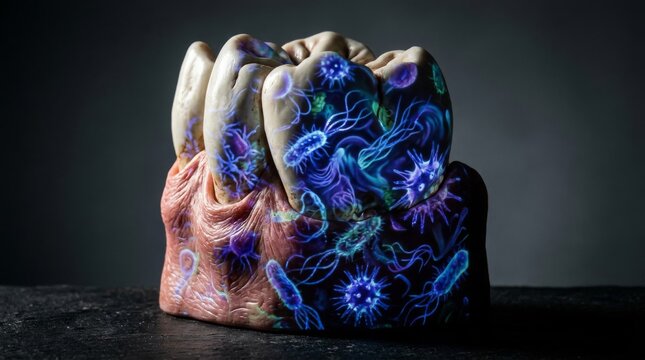 Conceptual image of a human tooth infected with glowing blue bacteria and pathogens.