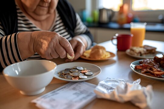 Seniorin z&auml;hlt M&uuml;nzen neben Medikamenten am Fr&uuml;hst&uuml;ckstisch