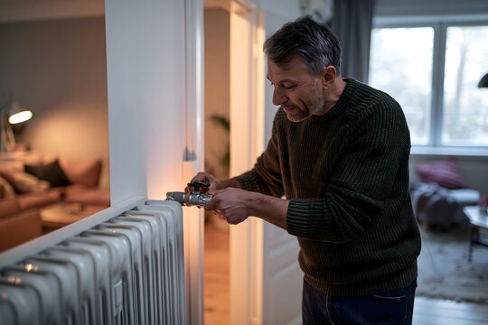 Mann entl&uuml;ftet einen Heizk&ouml;rper in seiner Wohnung