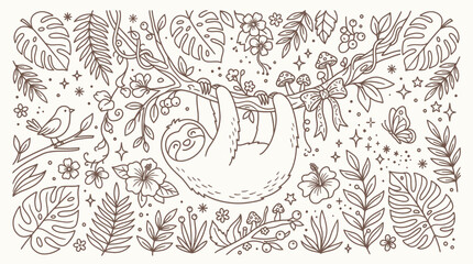 Fototapeta premium Whimsical illustration of a cute sloth hanging from a tree branch surrounded by lush tropical foliage, flowers, and small creatures.
