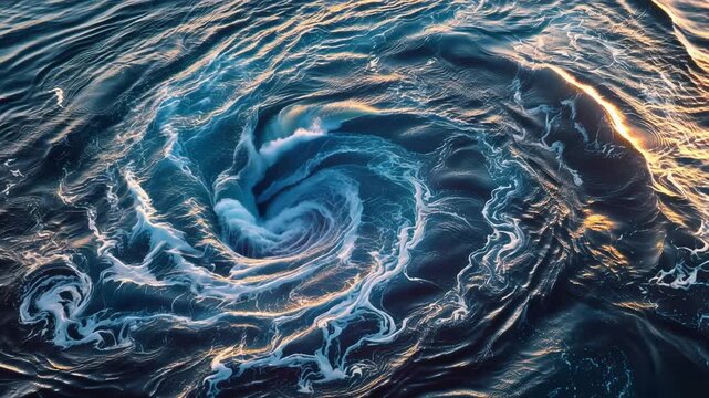 Deep ocean vortex swirling with shimmering water textures, circular spiral motion, mesmerizing whirlpool effect, 4K video
