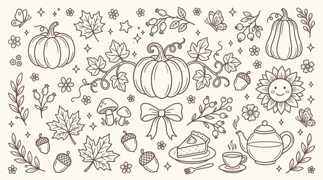 A charming hand-drawn illustration featuring autumnal elements like pumpkins, leaves, acorns, and a slice of pie, perfect for seasonal decor.