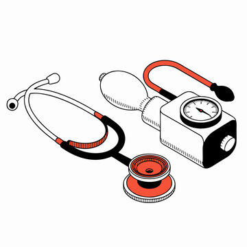 Isometric vector illustration of a medical stethoscope and an aneroid blood pressure monitor sphygmomanometer isolated on white background.