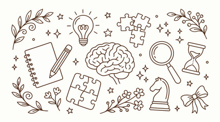 A whimsical doodle illustration featuring a brain, lightbulb, puzzle pieces, notebook, pencil, magnifying glass, hourglass, chess piece, and floral elements, symbolizing creativity and intellect. © Bara