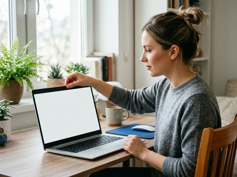 Adult woman covering laptop camera with red privacy slider at home desk with blank screen mockup near window with potted plants.