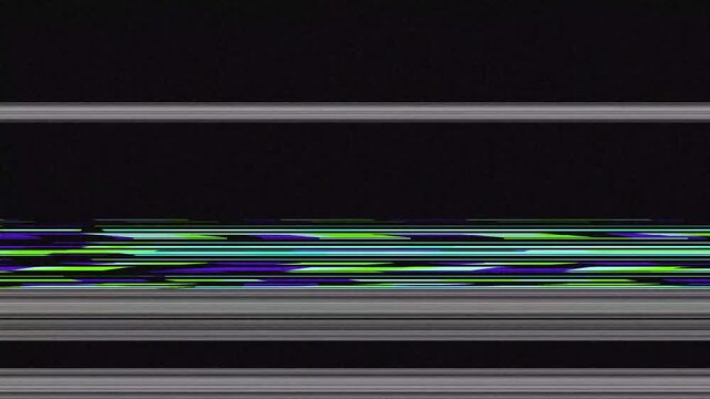 Glitch lines display a digital signal interruption with vibrant green and blue horizontal streaks across a dark background.