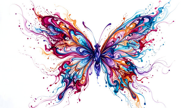 Abstract butterfly illustration created with vibrant colorful paint splashes and ink swirls.