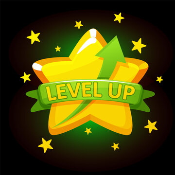 Level Up Gold Star Game Asset Icon with Green Ribbon and Arrow