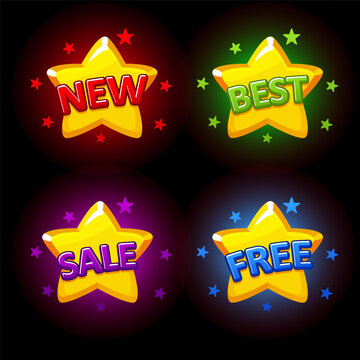Set of Gold Star Game Badges with New, Best, Sale and Free Text