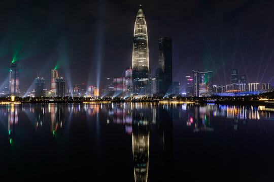 Shenzhen Skyline Night Reflection with Illuminated Modern Skyscrapers