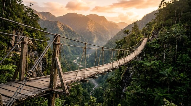Wooden suspension bridge spanning a lush jungle valley at sunset