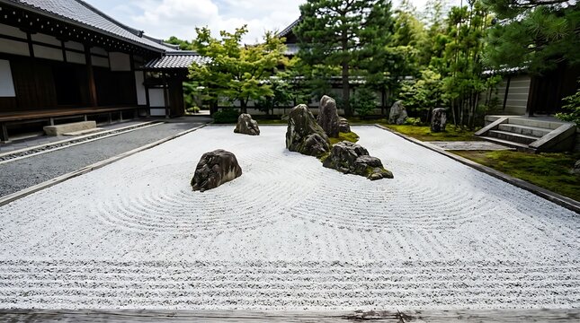 Traditional japanese zen rock garden with raked gravel and stones