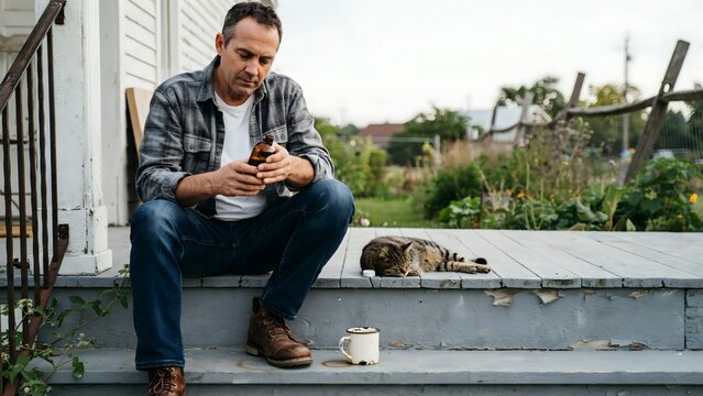 Man Sitting on Porch Step Using Smartphone with Cat Resting Nearby