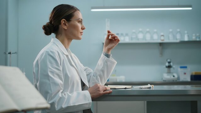 Female scientist analyzing chemical sample in laboratory with laboratory glassware
