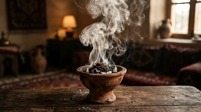 Burning aromatic incense in a traditional clay bowl with rising smoke