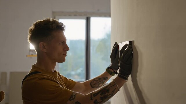 Young adult Caucasian male contractor using spirit level tool to measure wall alignment during home renovation. Footage is perfect for construction services and DIY home improvement ads