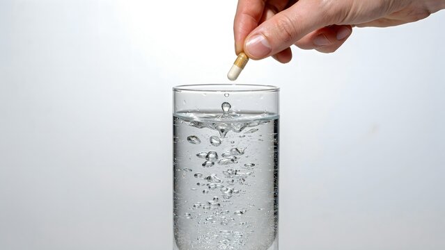 Hand Holding Capsule Above Glass of Water with Drinking Supplement Preparation