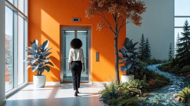 Businesswoman walks toward modern elevator inside bright office lobby with orange wall. Indoor garden features small river, green trees beside workspace. Pro person in formal suit enters lift during